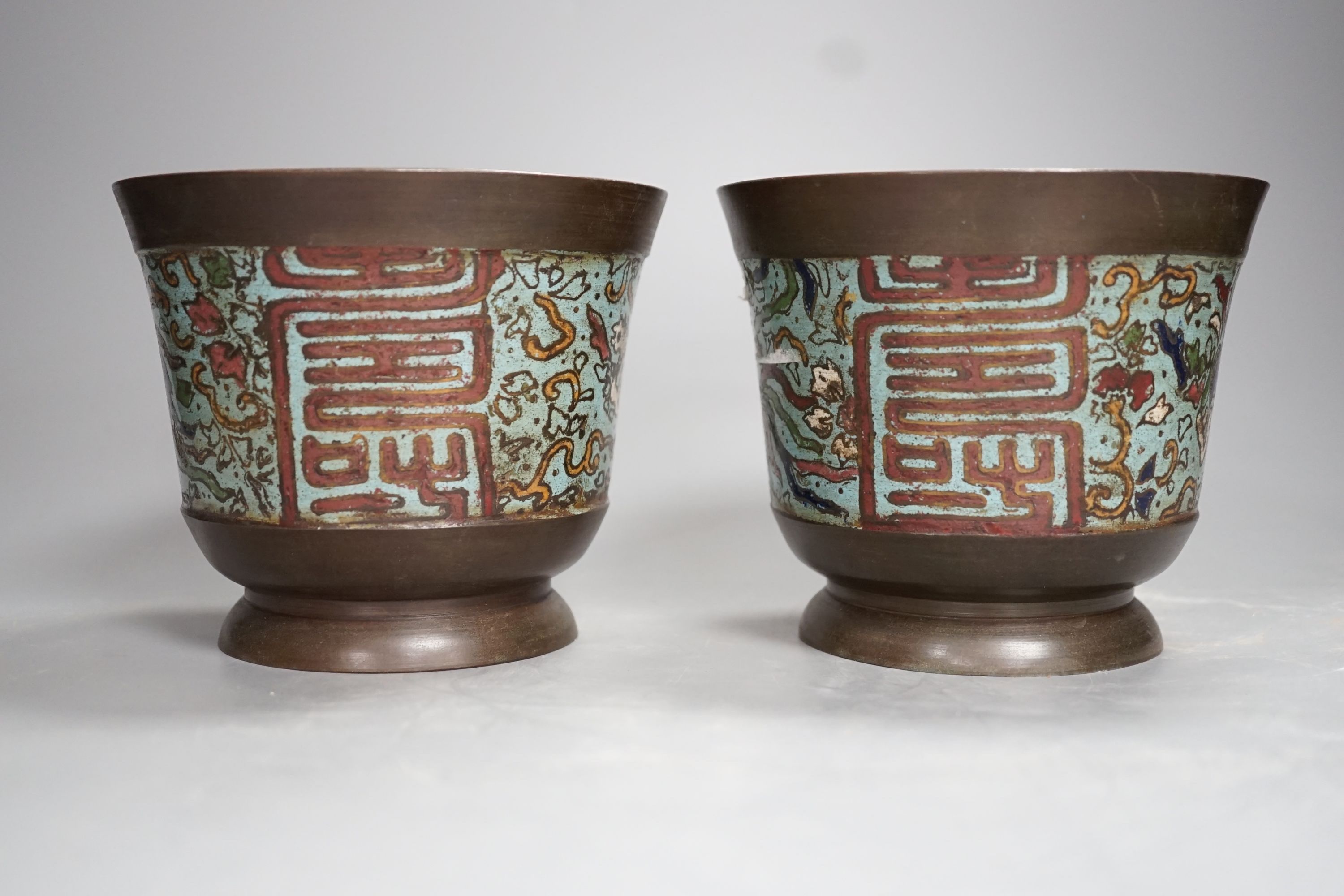 A pair of Japanese bronze and champleve enamel pots - 12cm tall